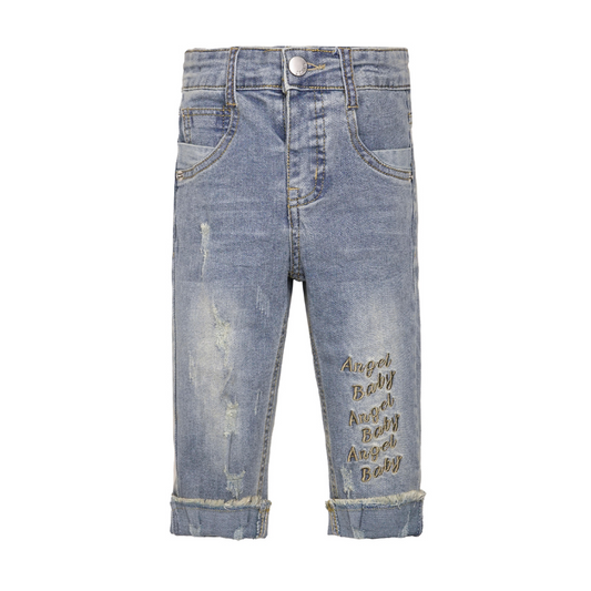 Baby Girl Boy Jeans, Elastic Band Inside with D-Rings Ripped Pants