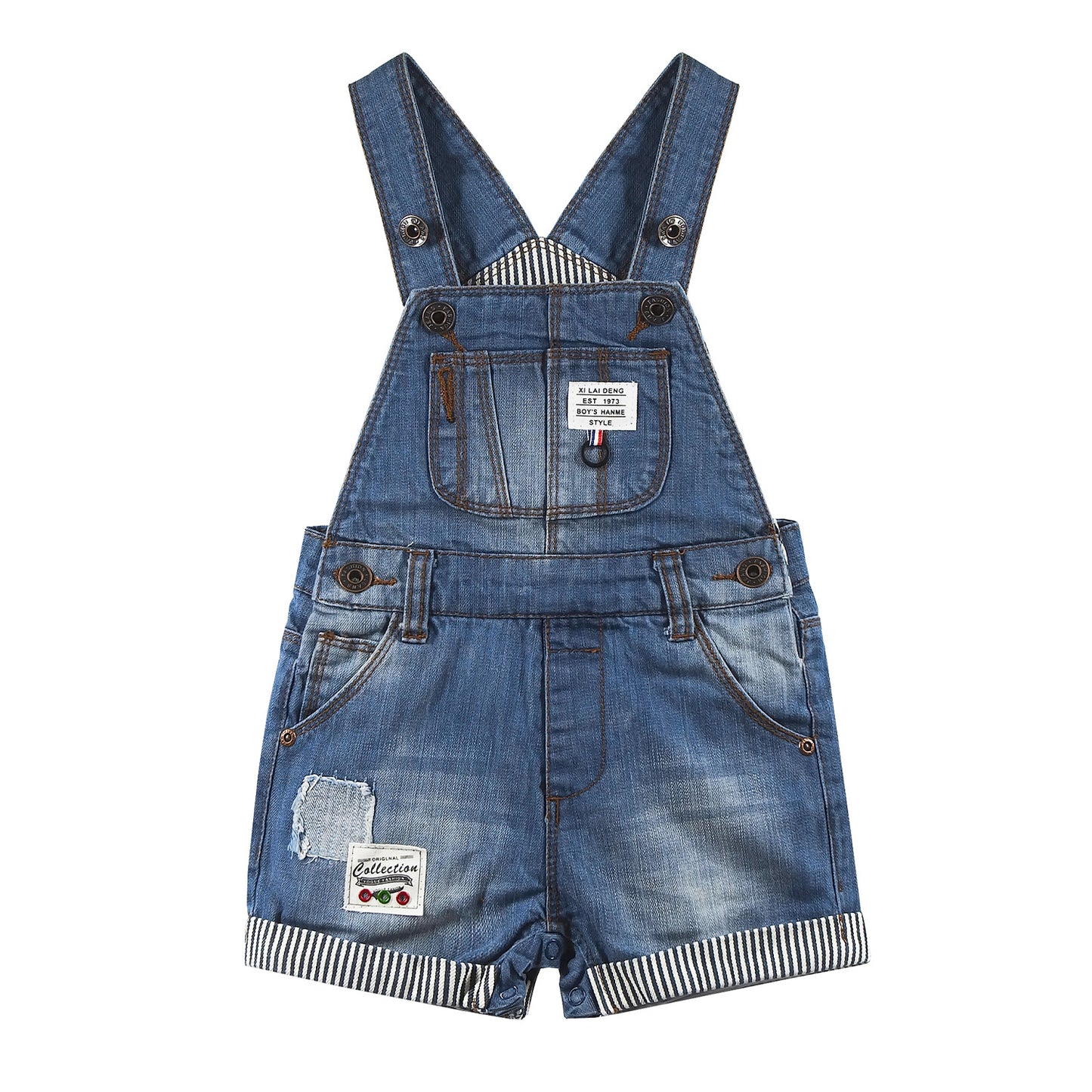 Boys Big Bib Pocket Stripe Cuffed Bottom Denim Shortalls