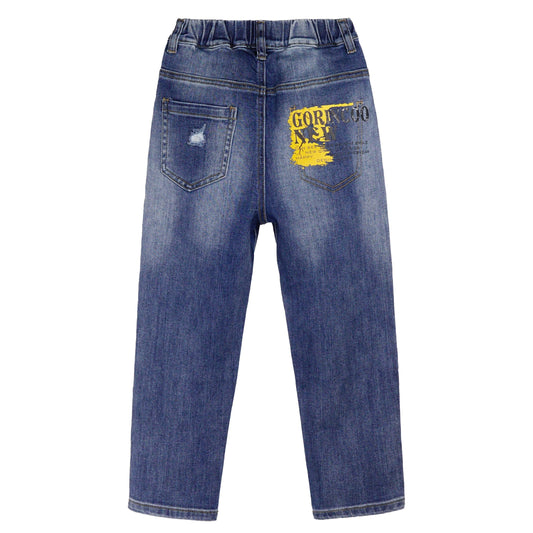 Kids Letters Printed Decor Ripped Fashion Elastic Waist Jeans