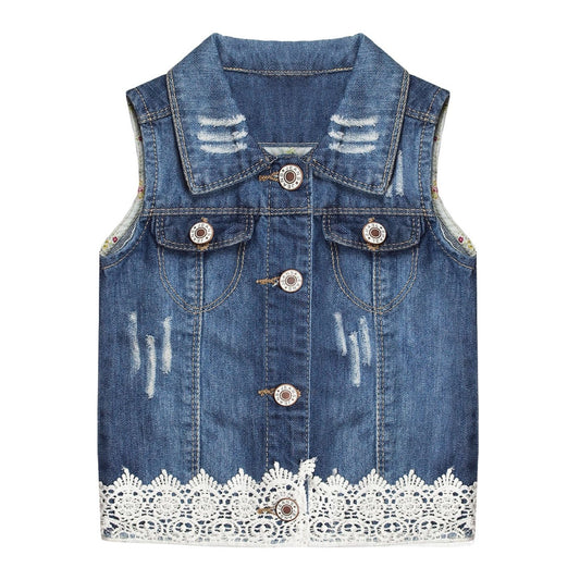 Little Girl Junior Ripped Lace Denim Jean Vest Tops