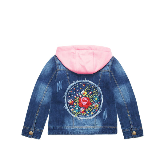 Girls Pink Hooded Jacket Back Embroidered Denim Outfits