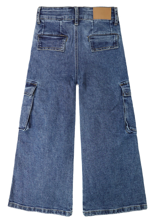 Girls' Cargo Jeans with Flap Pocket, Wide Leg and Split Hem Boyfriend Denim Pants