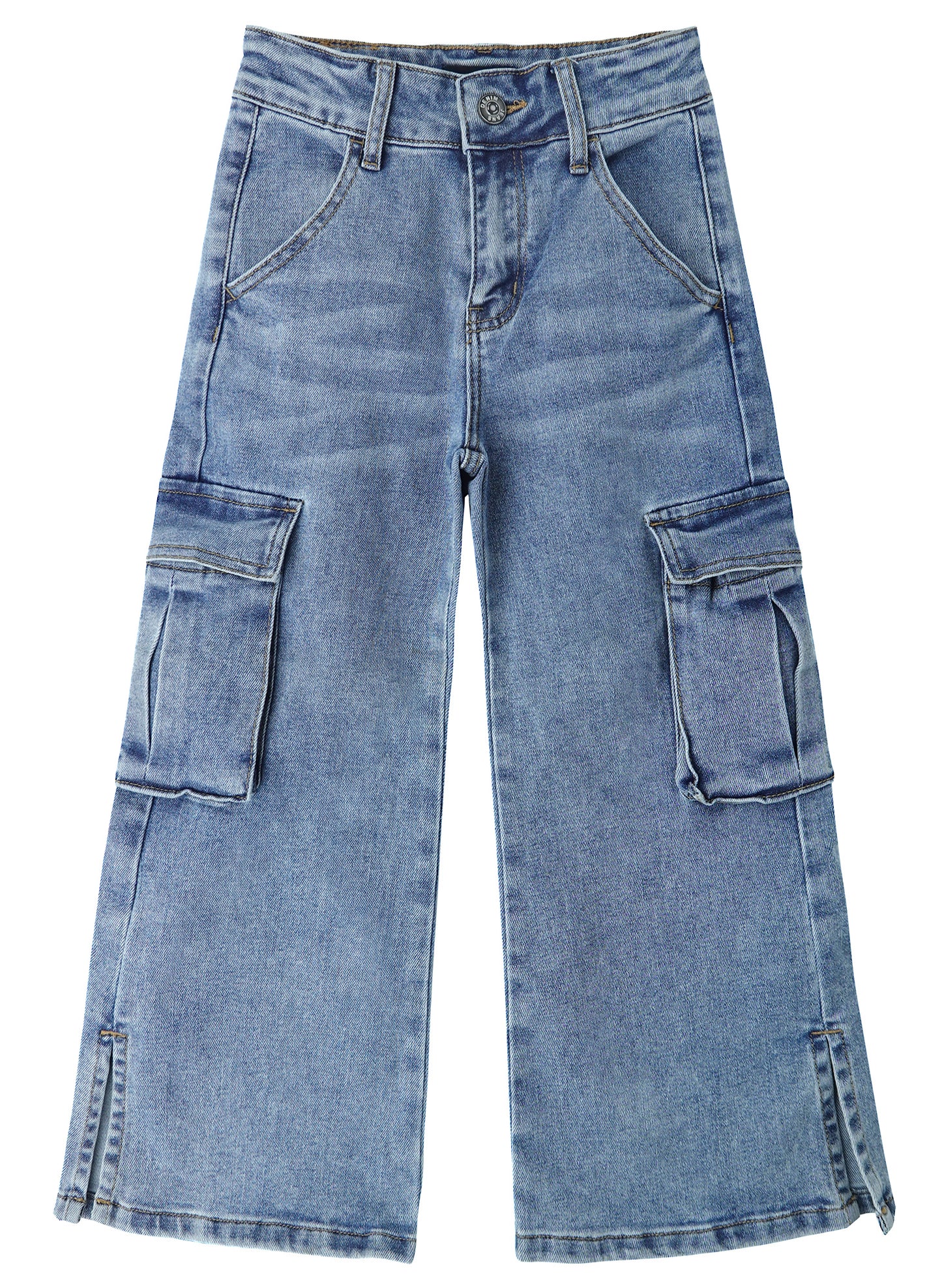 Girls' Cargo Jeans with Flap Pocket, Wide Leg and Split Hem Boyfriend Denim Pants