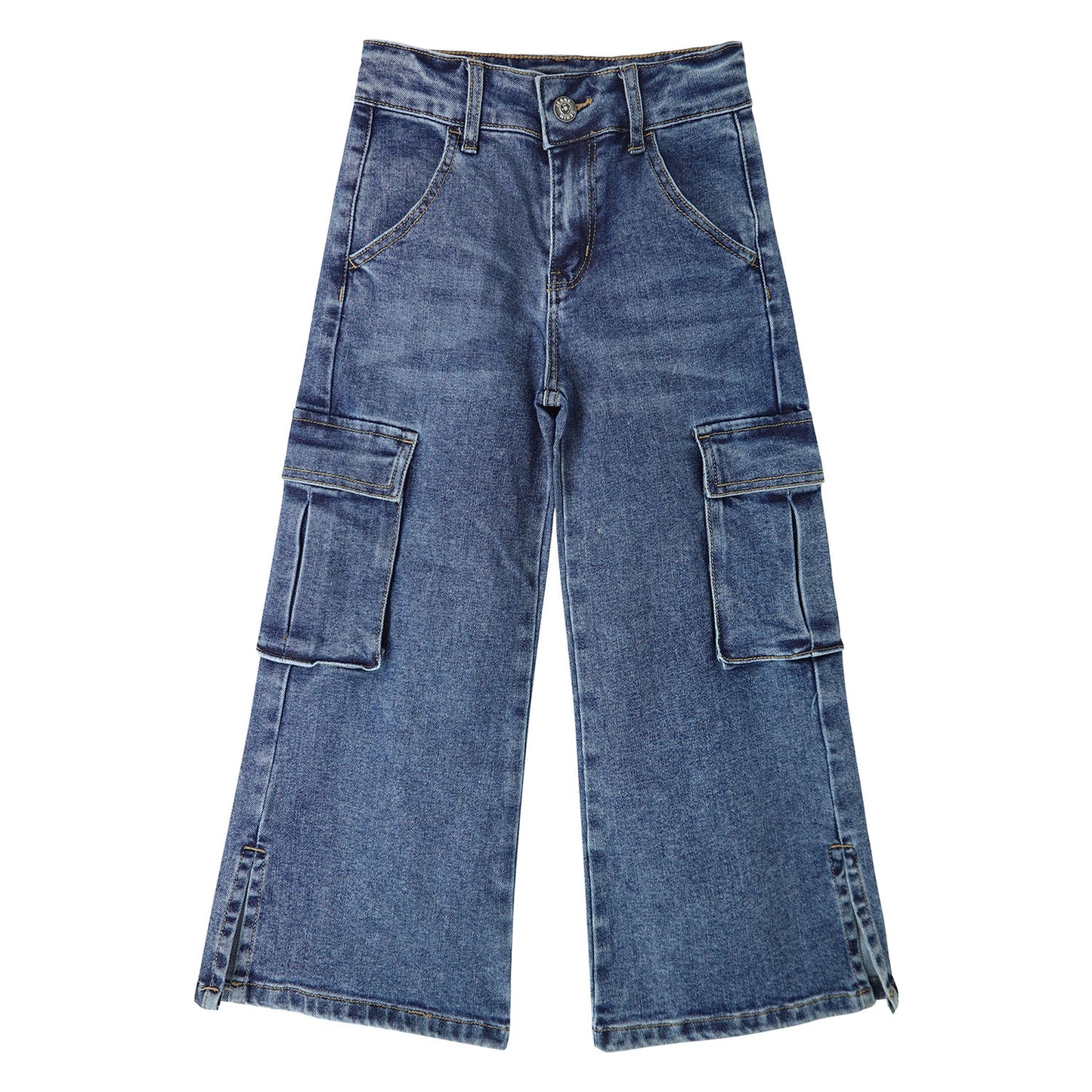 Girls' Cargo Jeans with Flap Pocket, Wide Leg and Split Hem Boyfriend Denim Pants