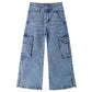 Girls' Cargo Jeans with Flap Pocket, Wide Leg and Split Hem Boyfriend Denim Pants