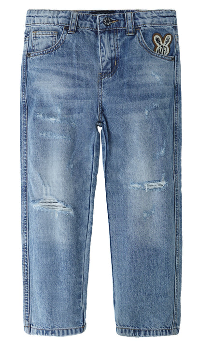 Baby Little Big Girls Jeans,Elastic Waistband Inside Ripped Holes Soft Denim Pants