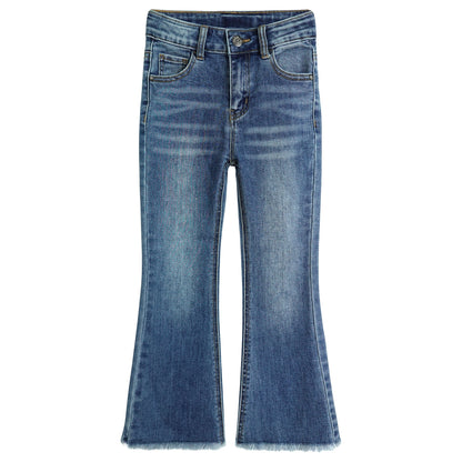 Girls Jeans, Split Hem with Ral Edges Elastic Waistband Inside High Stretch Denim Wide-leg Pants