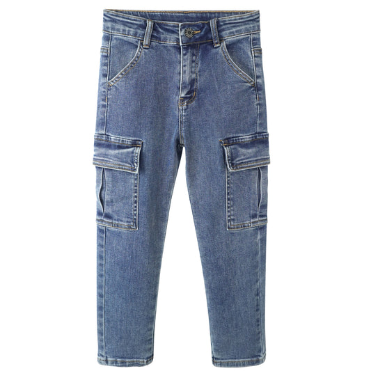 Little Big Girls Cargo Jeans,Elastic Waist Accordion Style Pockets with Flaps Denim Pants