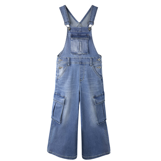 Girls Denim Overalls,Wide Leg Accordion Deep Heel Pockets Cargo Jeans Dungarees