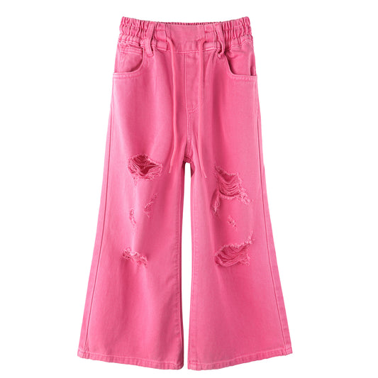 Girls Wide-leg Colored Denim Jeans, 5-14T Loose Elastic Waist with String Ripped Flared Pants