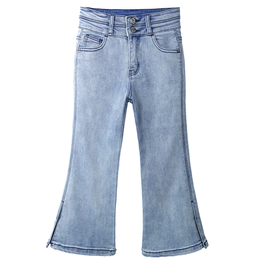Big Girls Stretchy Denim Flare Jeans, 5-14T Double-layer Waistband Bell-bottom Split Hem Pants