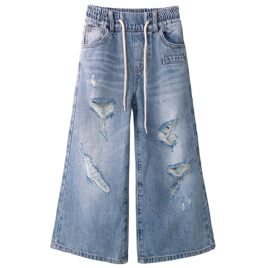 Little Girls Ripped Denim Pants, 5-14T Wide-leg Loose Elastic Waist with String Flared Jeans