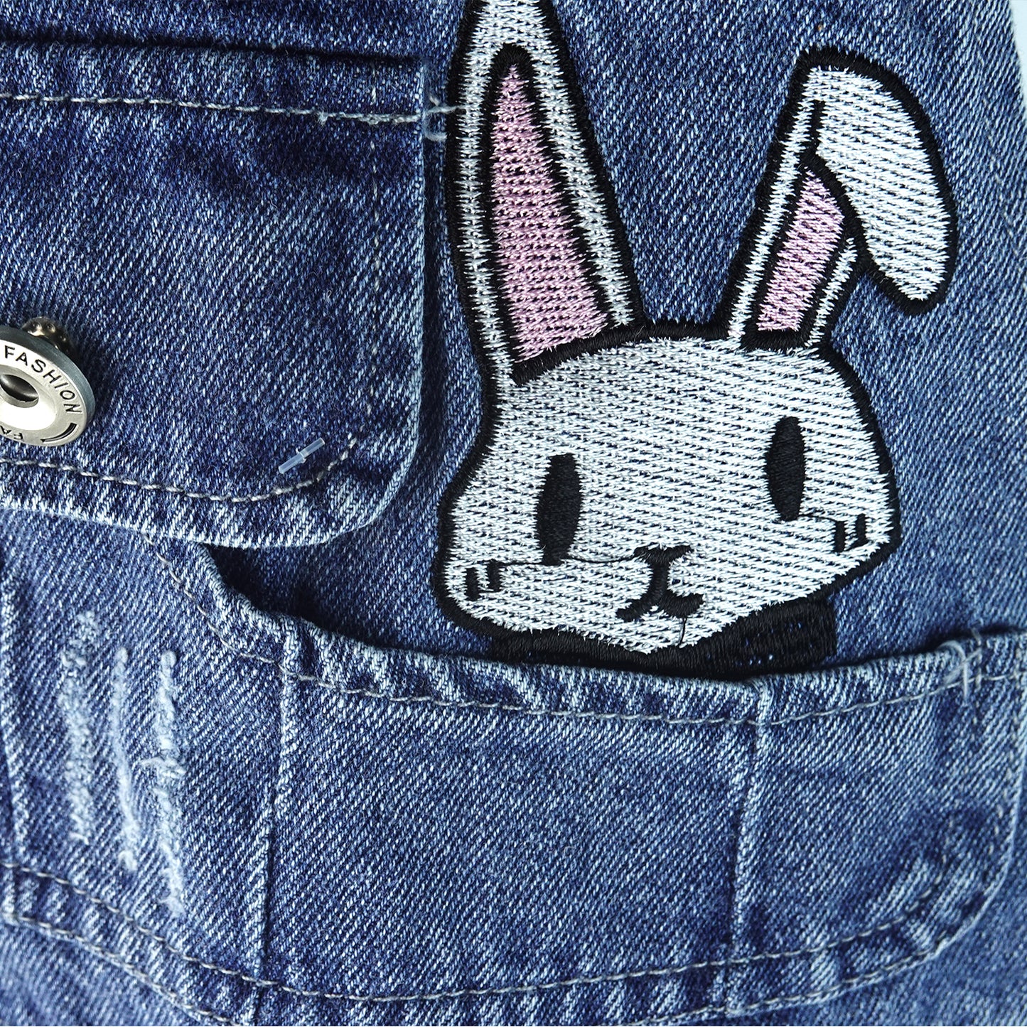 Big Girls Denim Overalls,Cartoon Bunny Decoration Front  Summer Loose Jeans Workwear