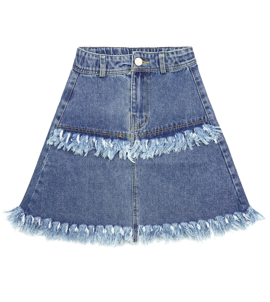 Girls Denim Skirt, 2 Layer Raw Edge Fashion Summer Short Jeans Dress,Blue