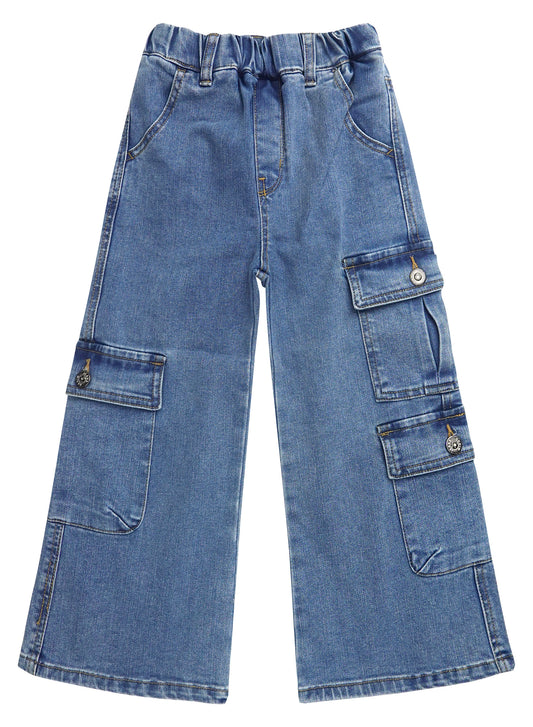 7-Pocket Girls Wide-leg Stretch Denim Pants, 5-14T Ribbed Elastic Waist with D-ring Cargo Jeans