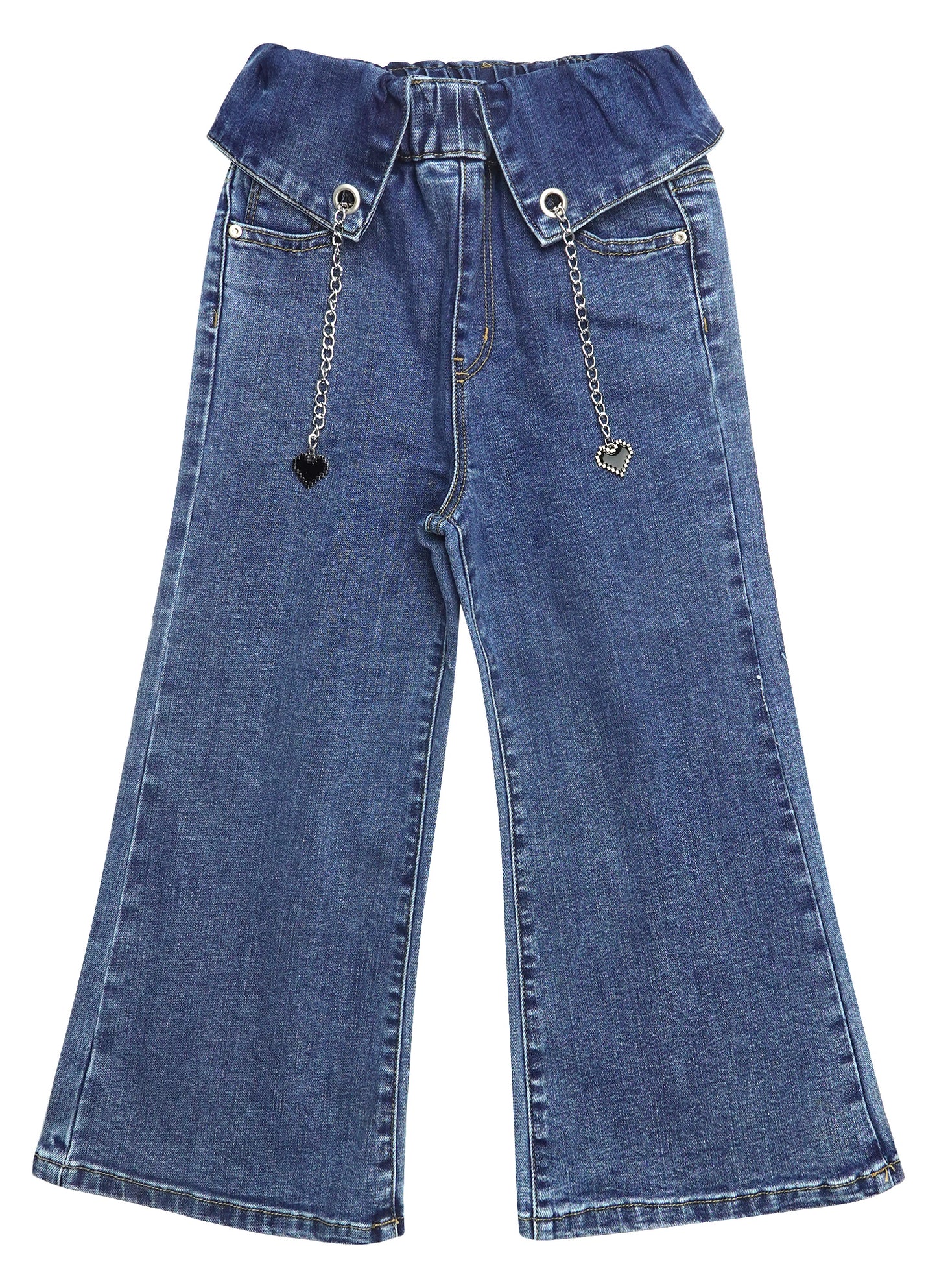 Flounced Girls Wide-leg Stretch Denim Pants, 5-14T Ribbed Elastic Waist with Chain Jeans