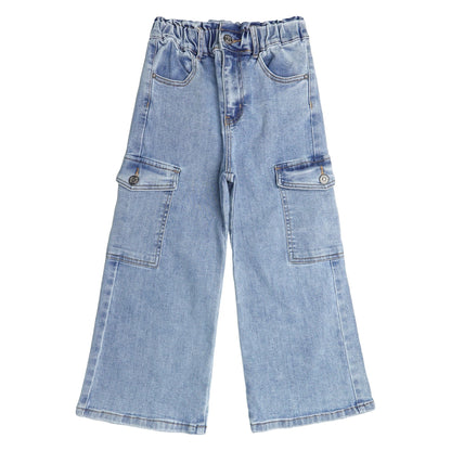 Wide-leg Cargo Jeans, 18M-14T Ribbed Waist Denim Pants