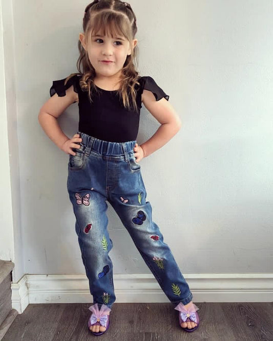 Girls Butterfly Grass Embroidered Slim Jeans Floral Pants