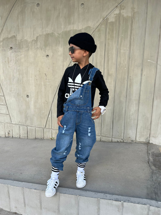 Kids Pocket Stone Washed Ripped Denim Overalls