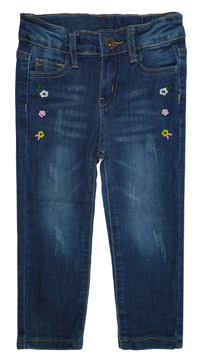 Little Girls Elastic Band Embroidered Ripped Stretchy Soft Denim Slim Jeans