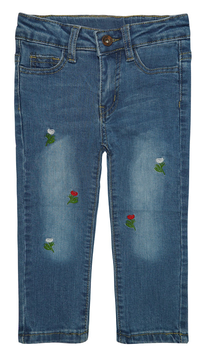 Little Girls Elastic Band Embroidered Ripped Stretchy Soft Denim Slim Jeans