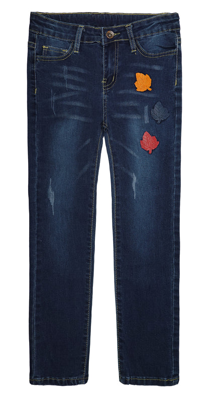Big Girls Elastic Band Maple Leaf Decor Ripped Stretchy Soft Denim Pants Jeans