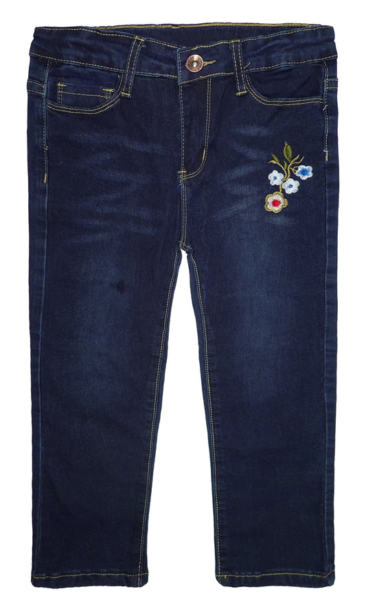 Big Girls Elastic Band Floral Embroidered Stretchy Soft Denim Pants Jeans
