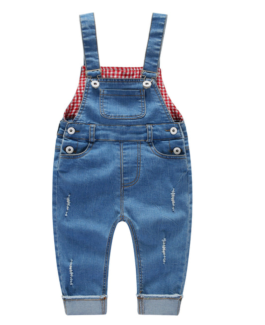 Fashion Red Plaid Baby Ripped Jeans Overalls