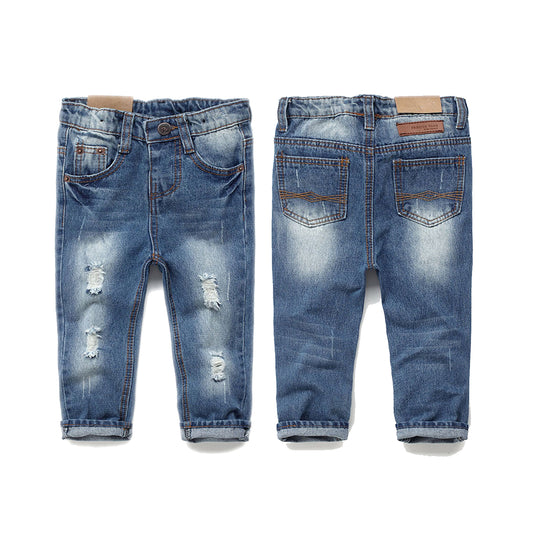 Elastic Waist Ripped Holes Soft Kids Jeans