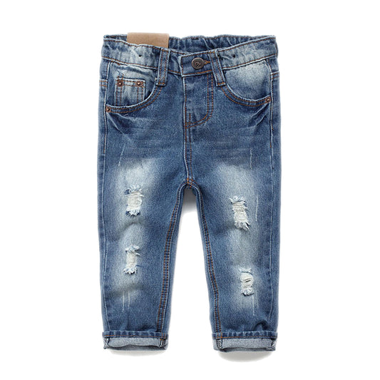 Elastic Waist Ripped Holes Soft Kids Jeans