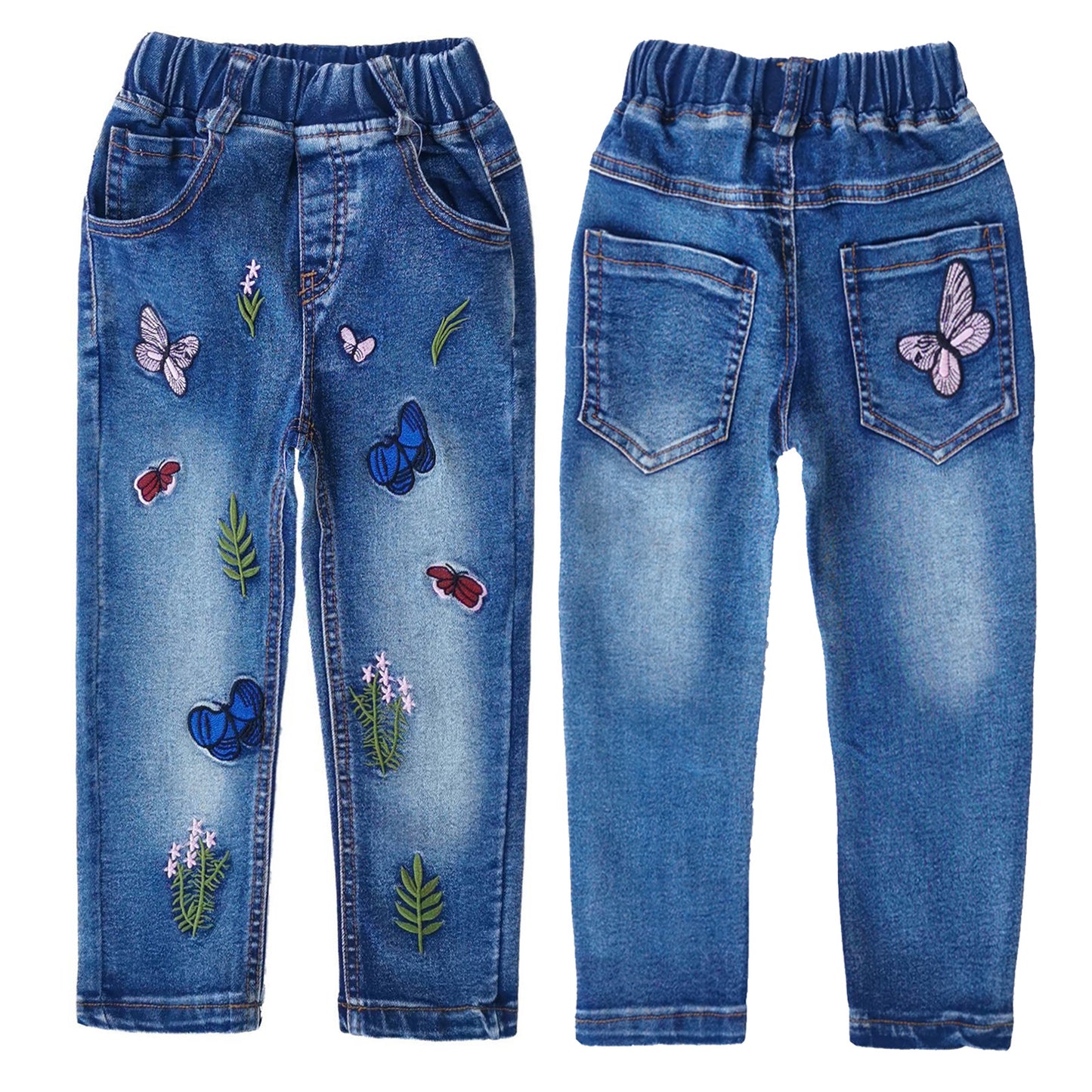  KIDSCOOL SPACE Little Girls Embroiderd Grass Jeans