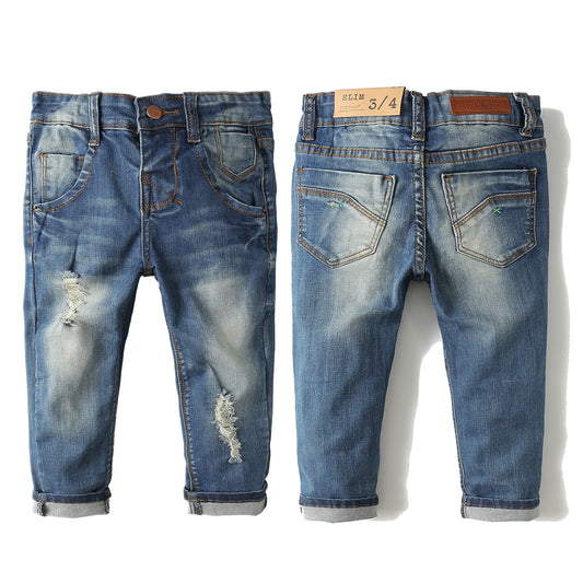Kids Jeans D Ring Elastic Ripped Denim Pants