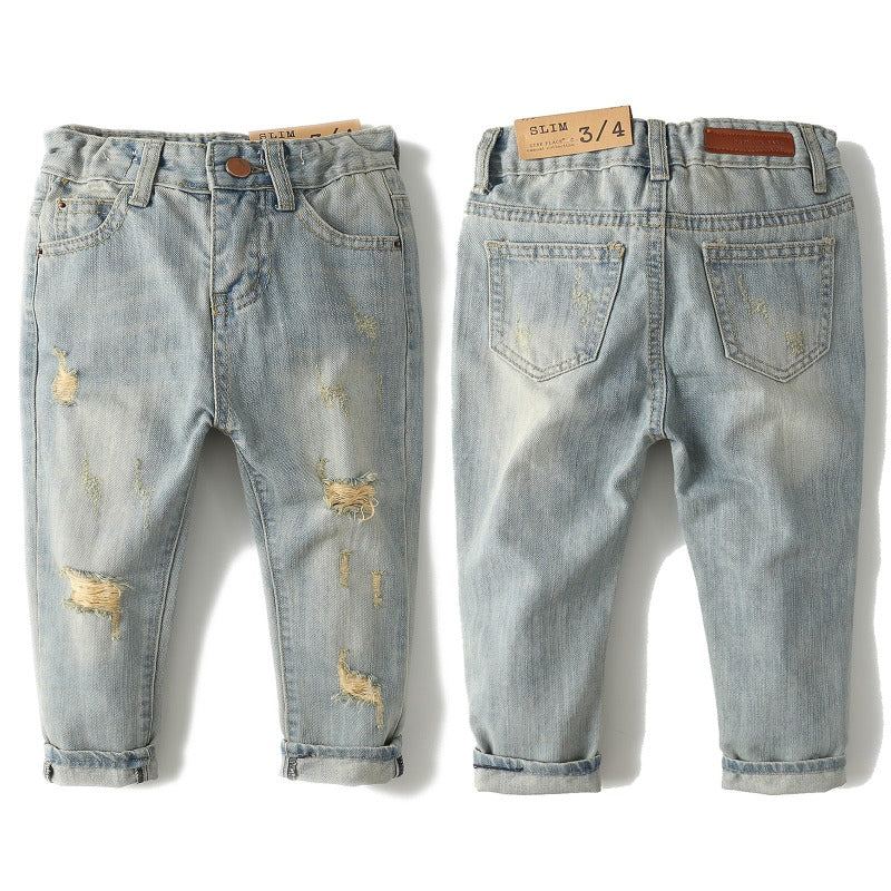 Kids Jeans Elastic Band Inside Ripped Denim Pants