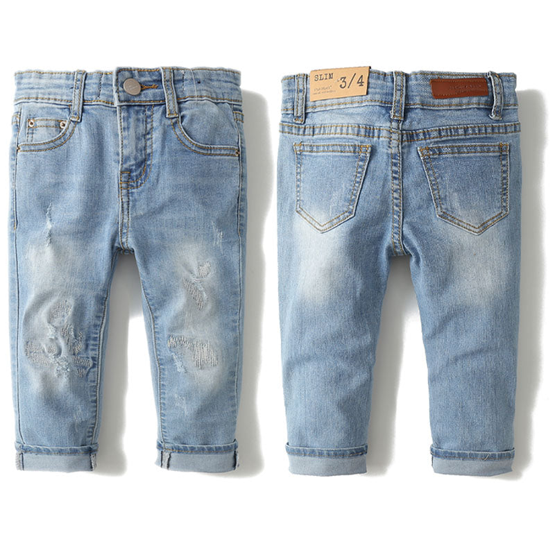 Ripped Holes Stone Washed Soft Slim Kids Jeans
