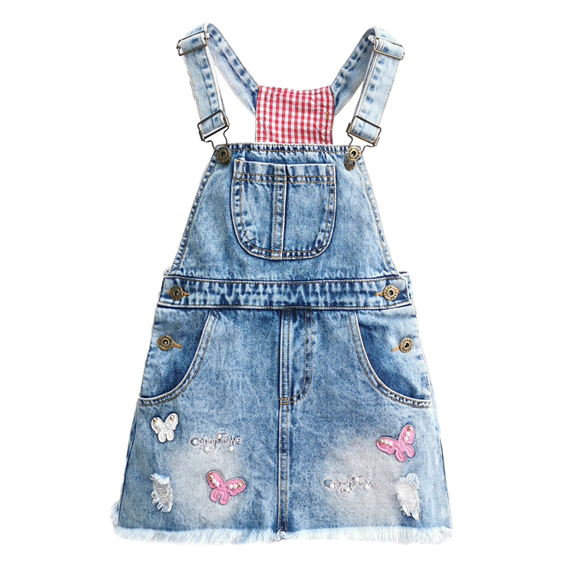 Girls Dress Embroidered Butterfly Washed Denim Dress