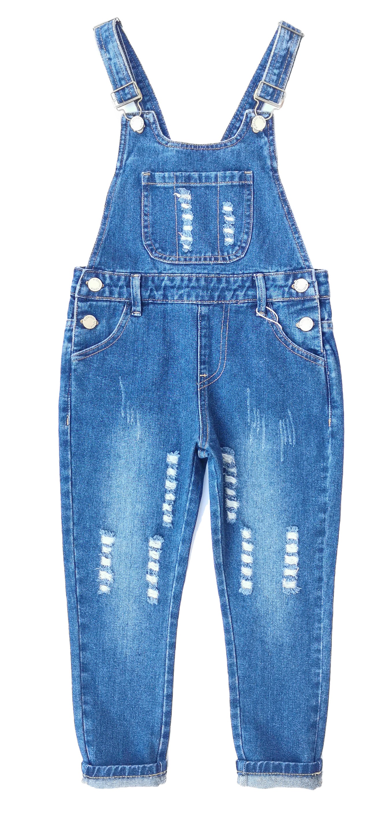 Girls Straight Lined Ripped Big Pockets Overalls