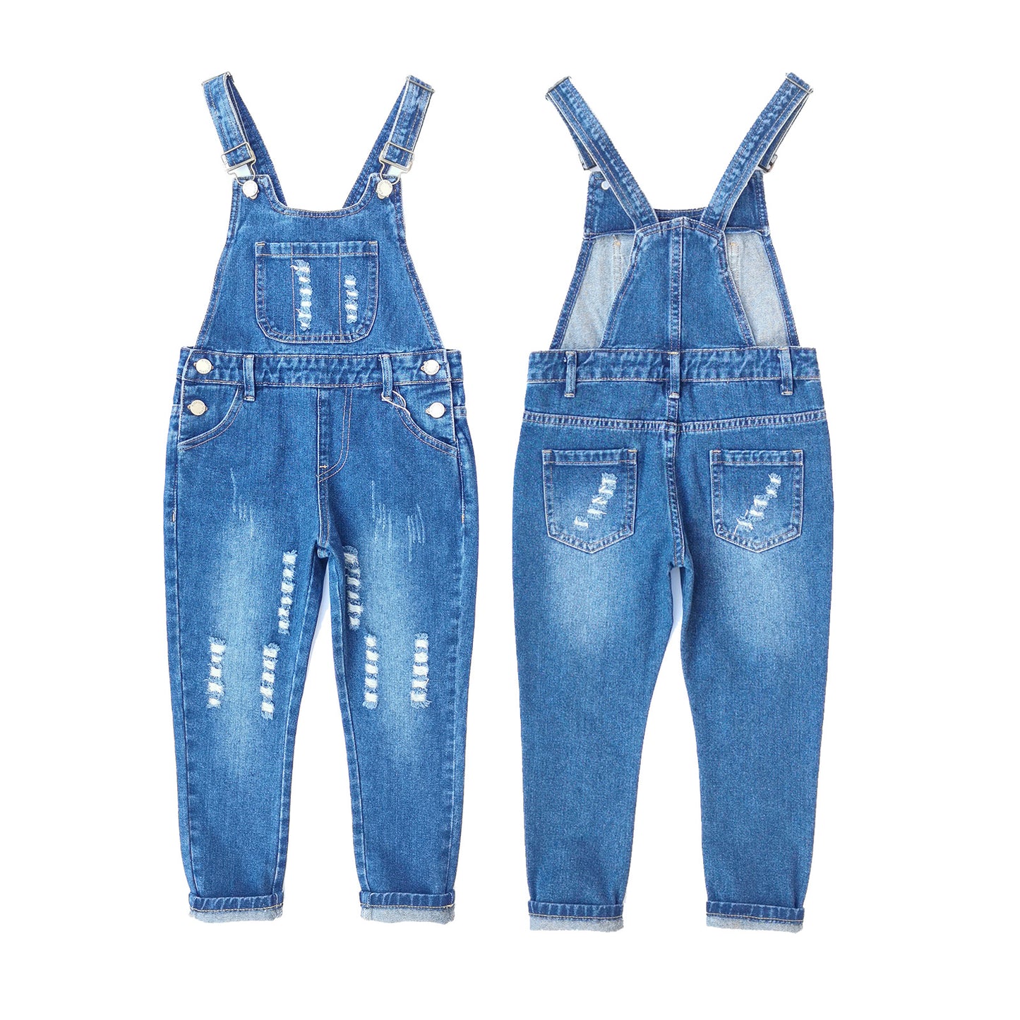 Girls Straight Lined Ripped Big Pockets Overalls