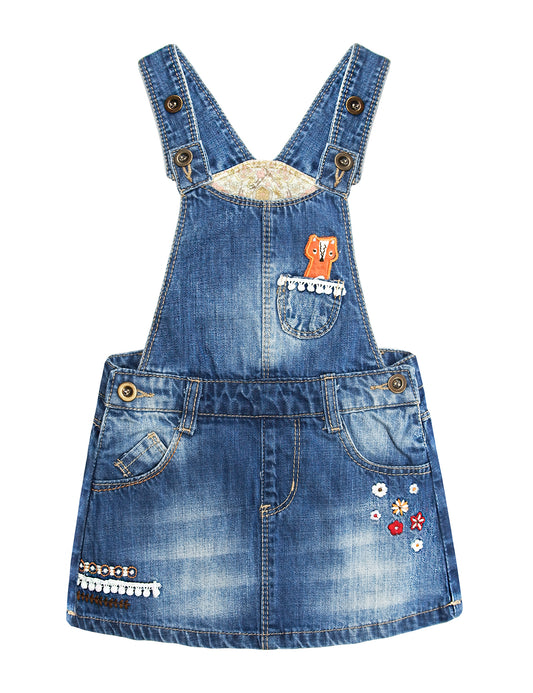 Baby Little Girls Fox Flowers Embroidered Lace Denim Overall Dress
