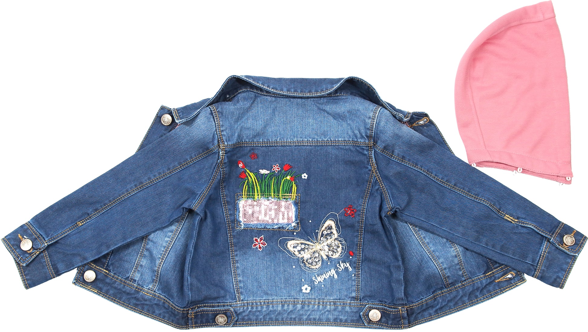  Girl Pink Hood Flower Embroidered Denim Outfits