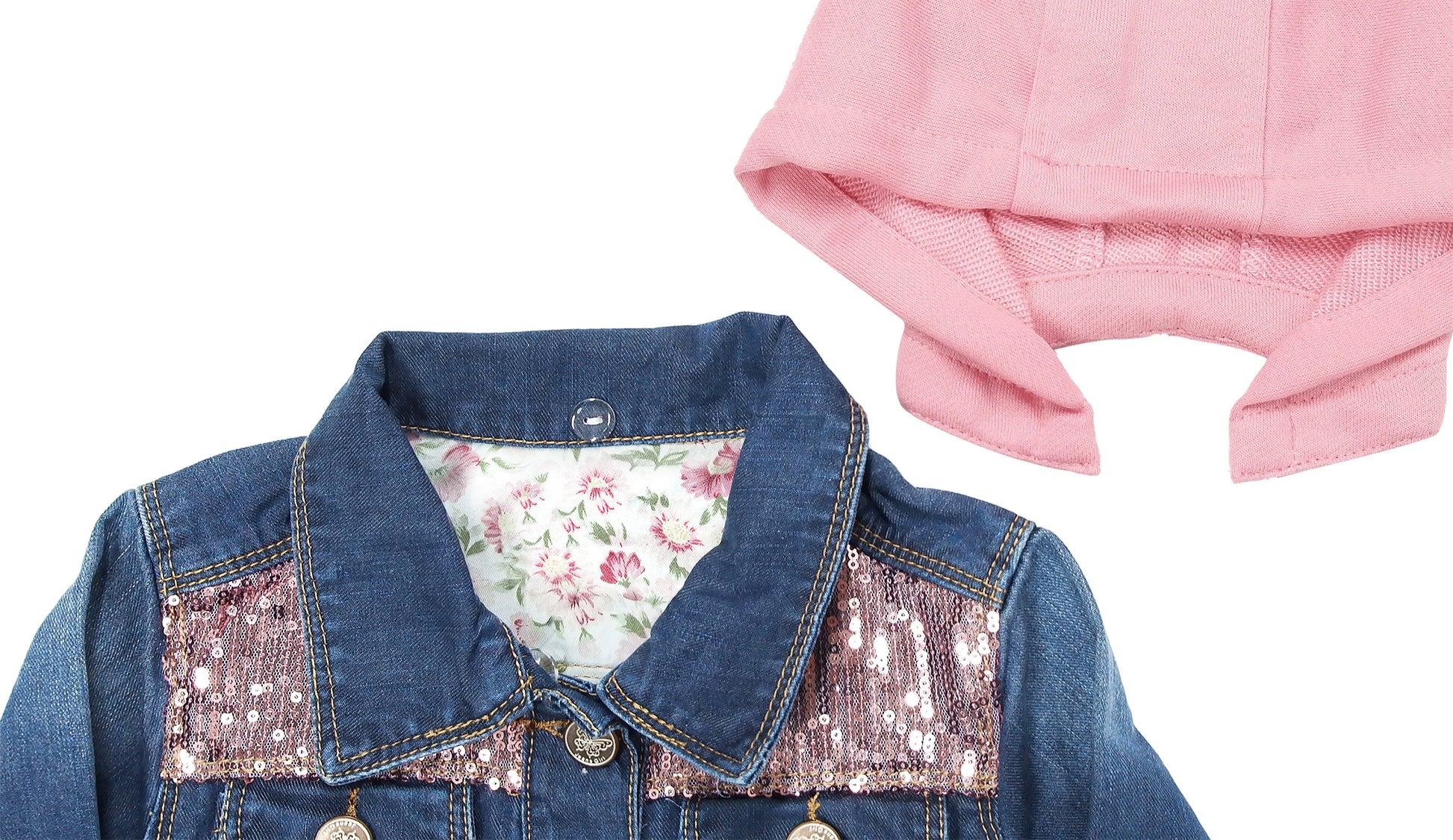  Girl Pink Hood Flower Embroidered Denim Outfits