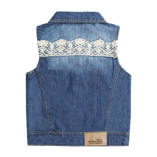 Kidscool Space Girls Washed Sleeveless Jacket Lace Patched Denim Vest Jacket