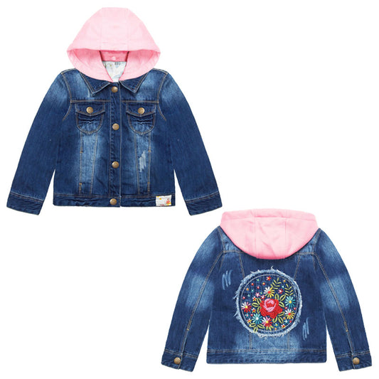 Girls Pink Hooded Jacket Back Embroidered Denim Outfits