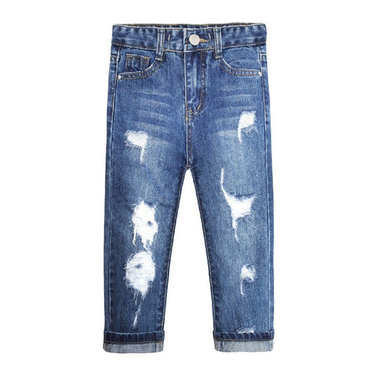 Boys Girls Washed Cuffed Jeans Solid Slim Pants