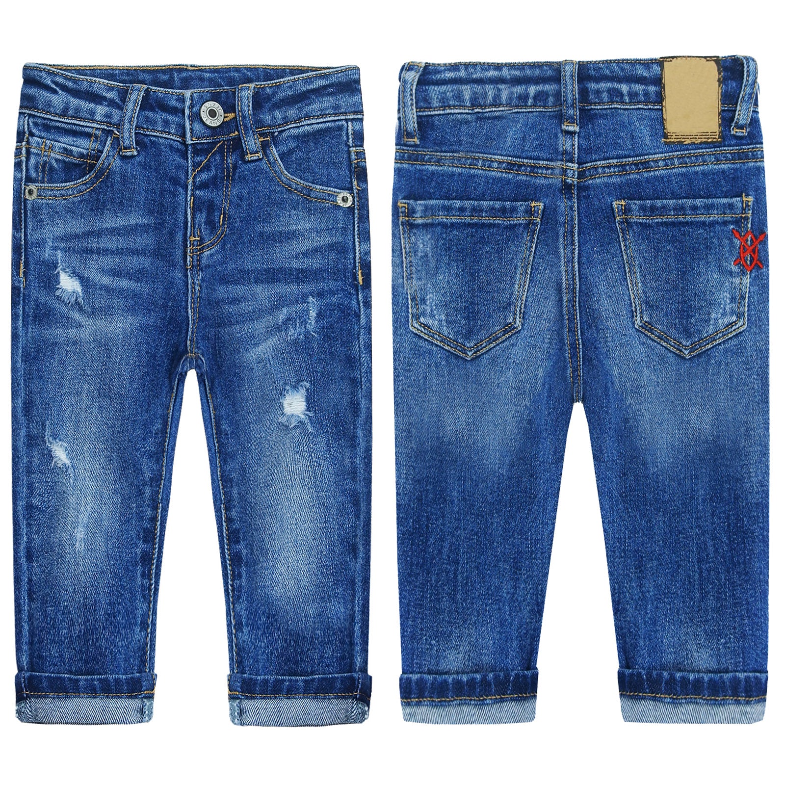 KIDSCOOL SPACE Little Girls Jeans,Elastic Waistband Inside Ripped Holes  Soft Simple Desgin Denim Pants,Light Blue,7