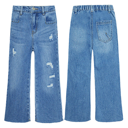 Kid Girl Boy,Elastic Band Inside Ripped Denim Wide-Leg Jeans Pants