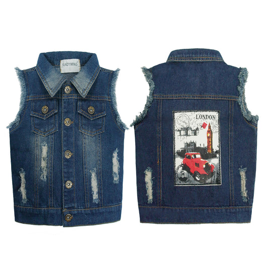 Toddler Ripped Sleeveless Jacket Printed Denim Jacket Vest