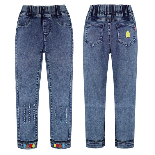 Elastic poker and embroidery tatted denim trousers