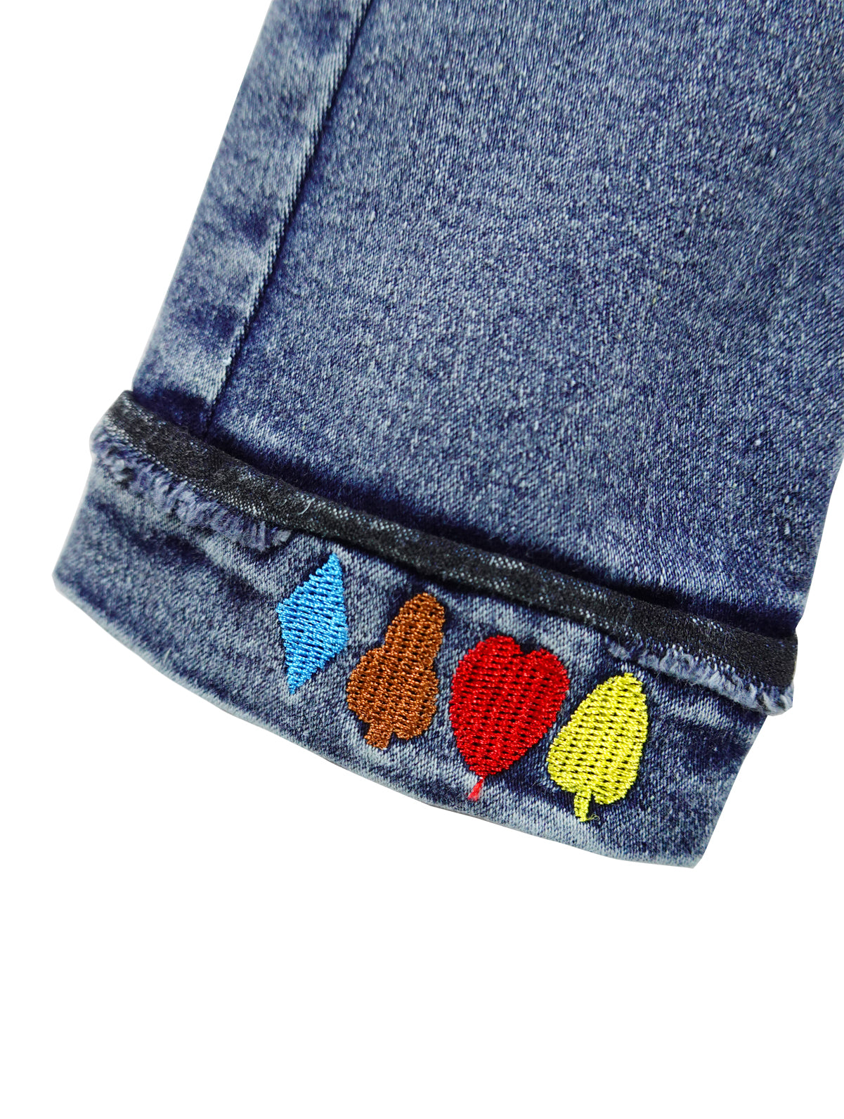 Elastic poker and embroidery tatted denim trousers