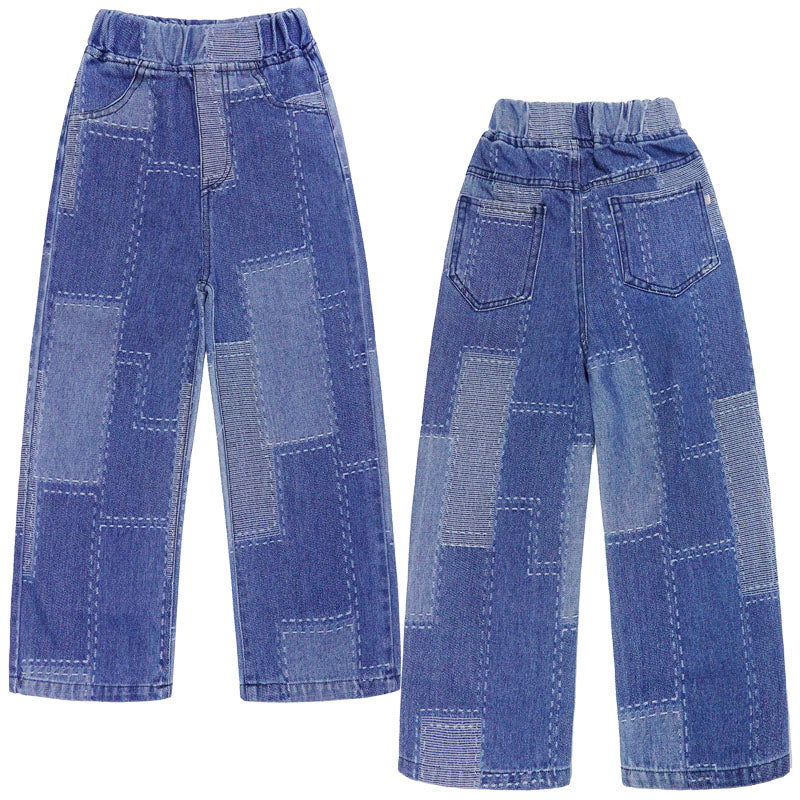 Girl Jeans,Elastic Loose Fit Patchwok Printed Denim Pants