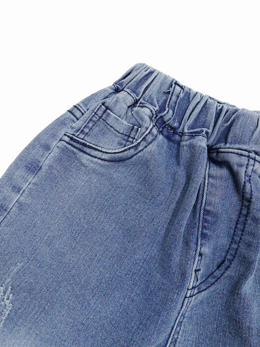Girl Jeans,Elastic Elastic Waist Patchwok Raw Edge Denim Pants
